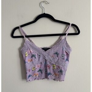 Forever 21 Y2K Butterfly Lace Crop Top Pink Cute Lettuce Hem Small Stretch